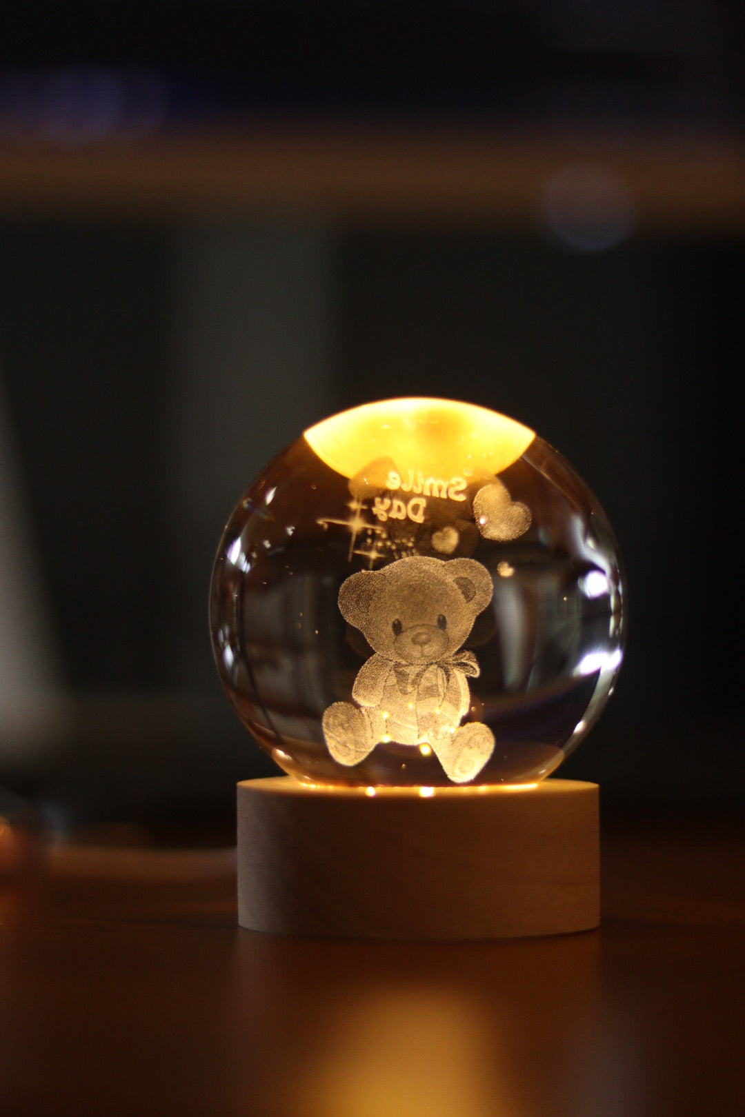 Teddy Bear Crystal Ball Night Light - Warm White LED Lamp with Wooden Base | USB Powered Decorative Gift for Kids, Couples & Home Decor | Onebest