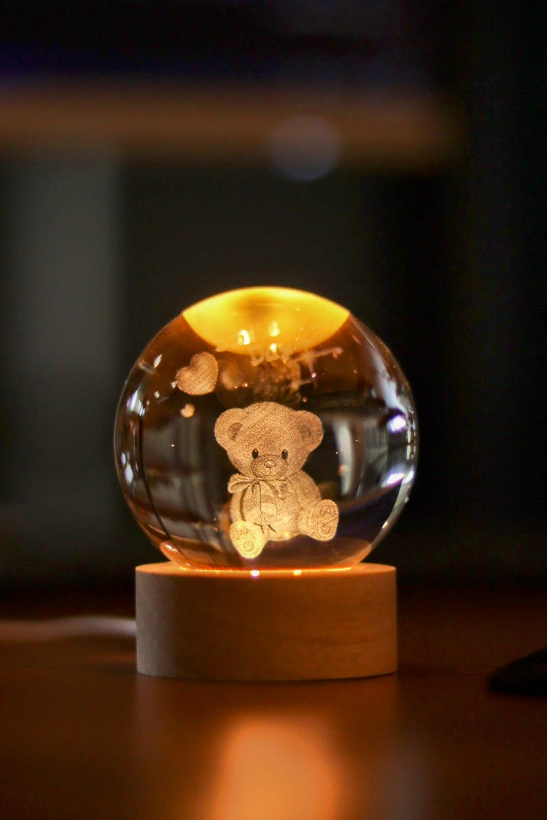 Teddy Bear Crystal Ball Night Light - Warm White LED Lamp with Wooden Base | USB Powered Decorative Gift for Kids, Couples & Home Decor | Onebest