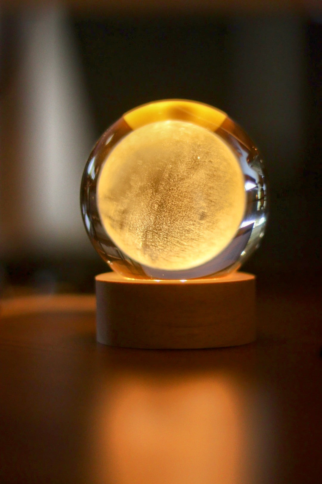 3D Moon Crystal Ball Night Light - Warm White LED Lamp with Wooden Base | USB Powered Decorative Light for Home, Bedroom, Office & Gift | Onebest