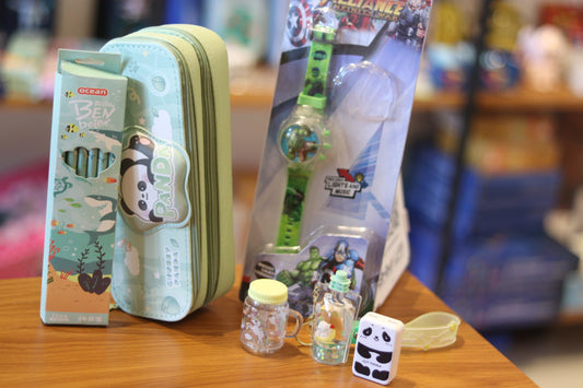 Panda & Avengers Kids Stationery Gift Combo Set | Pencil Box, Watch, Sharpener & Bottle Keychain | Cute Cartoon Gift for Boys & Girls