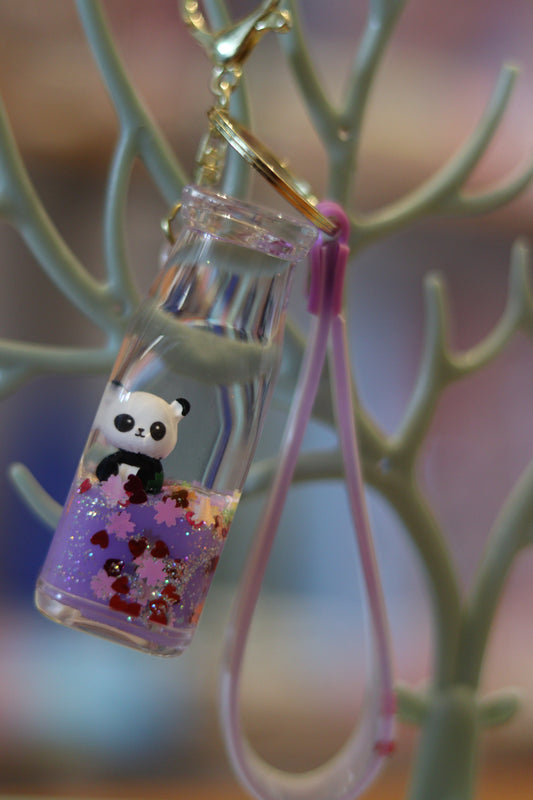 Cute Panda Liquid Bottle Keychain – Mini Acrylic Bottle Charm with Purple Floating Glitter & Hearts | Aesthetic Key Ring with Strap for Bags & Gifts | Onebest 🐼💜