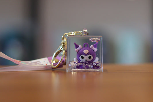 Kuromi-Style Purple Liquid Cube Keychain – Cute Floating Cartoon Charm with Glitter | Acrylic Water-Filled Key Ring for Bags & Keys | Onebest 💜✨
