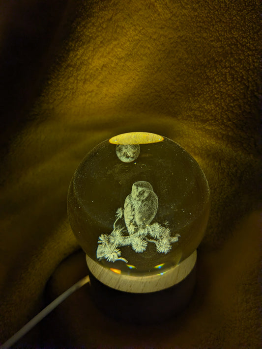 Crystal Ball LED Owl Lamp – Glass Night Light with Wooden Base | Aesthetic Desk & Bedside Décor | Onebest