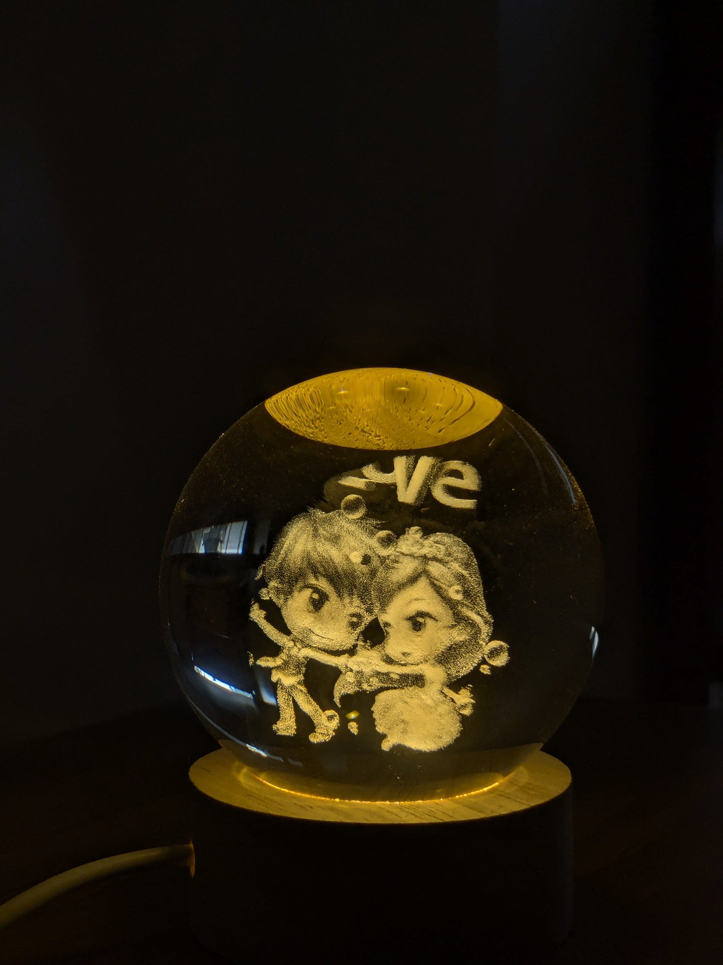 Couple Love Crystal Ball LED Lamp – Romantic Glass Night Light with Wooden Base | Aesthetic Gift for Couples & Special Moments | Onebest