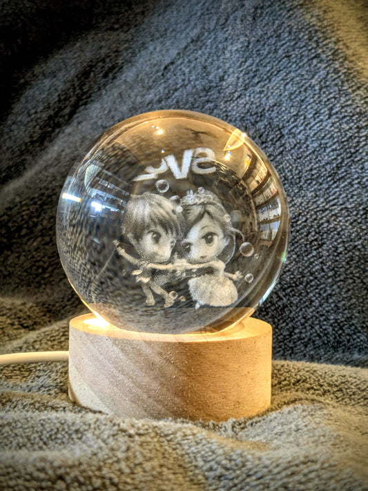 Couple Love Crystal Ball LED Lamp – Romantic Glass Night Light with Wooden Base | Aesthetic Gift for Couples & Special Moments | Onebest