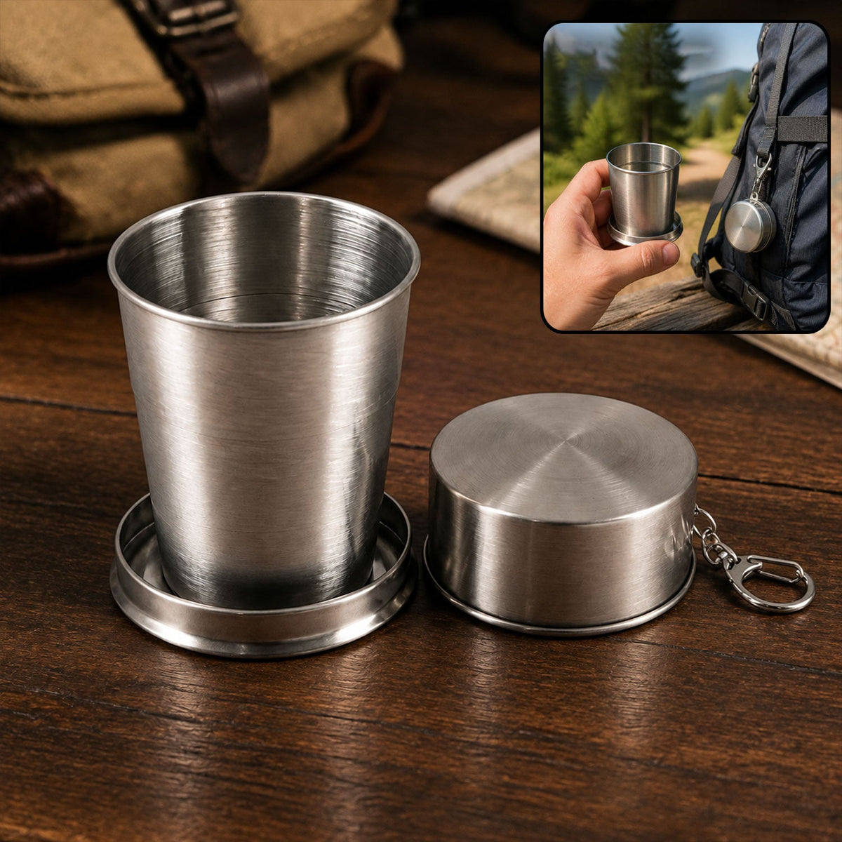 A stainless steel collapsible cup is shown expanded next to its closed case with a keychain, on a wooden surface.