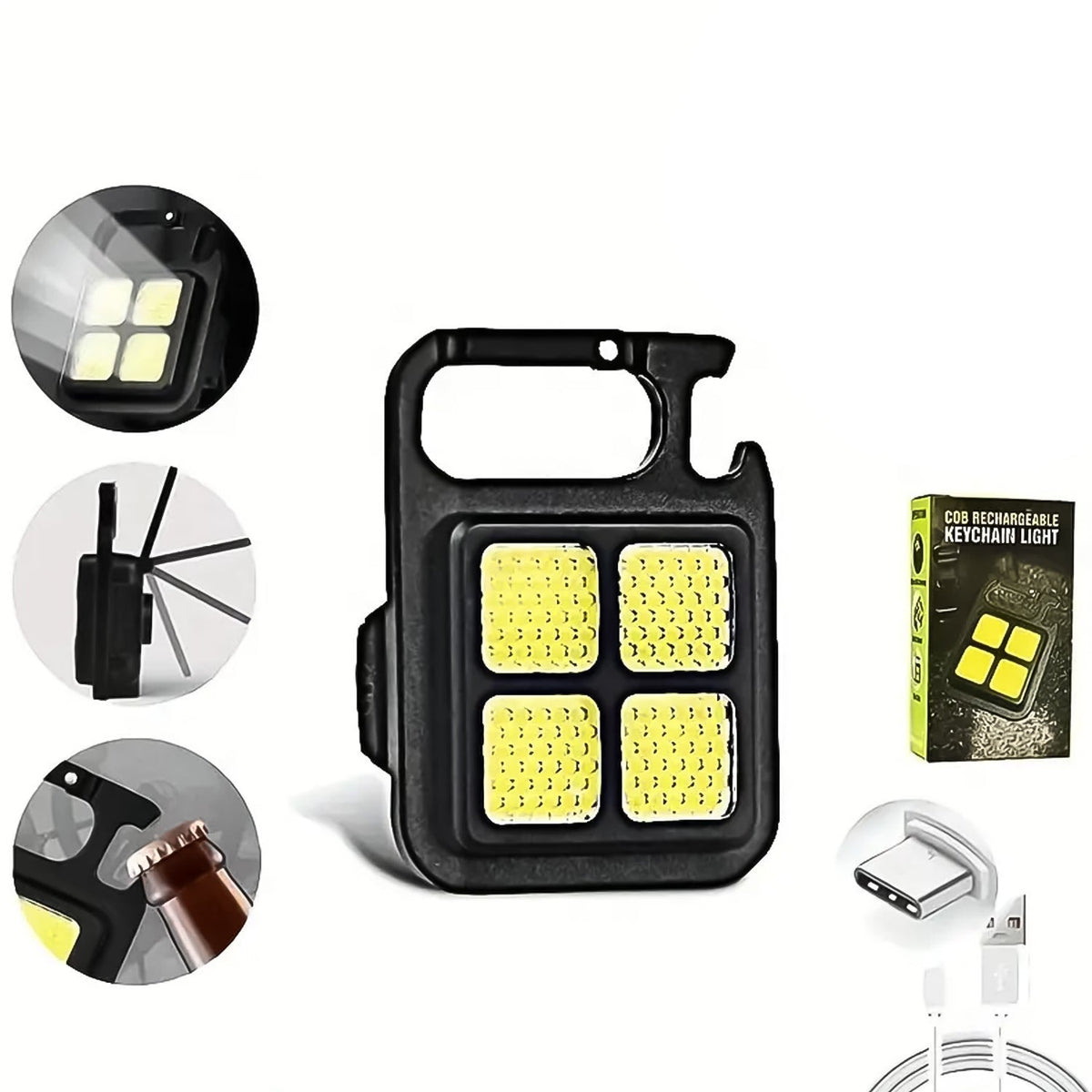 A black mini LED keychain light with four bright yellow LED squares, a carabiner clip, and a bottle opener, with feature