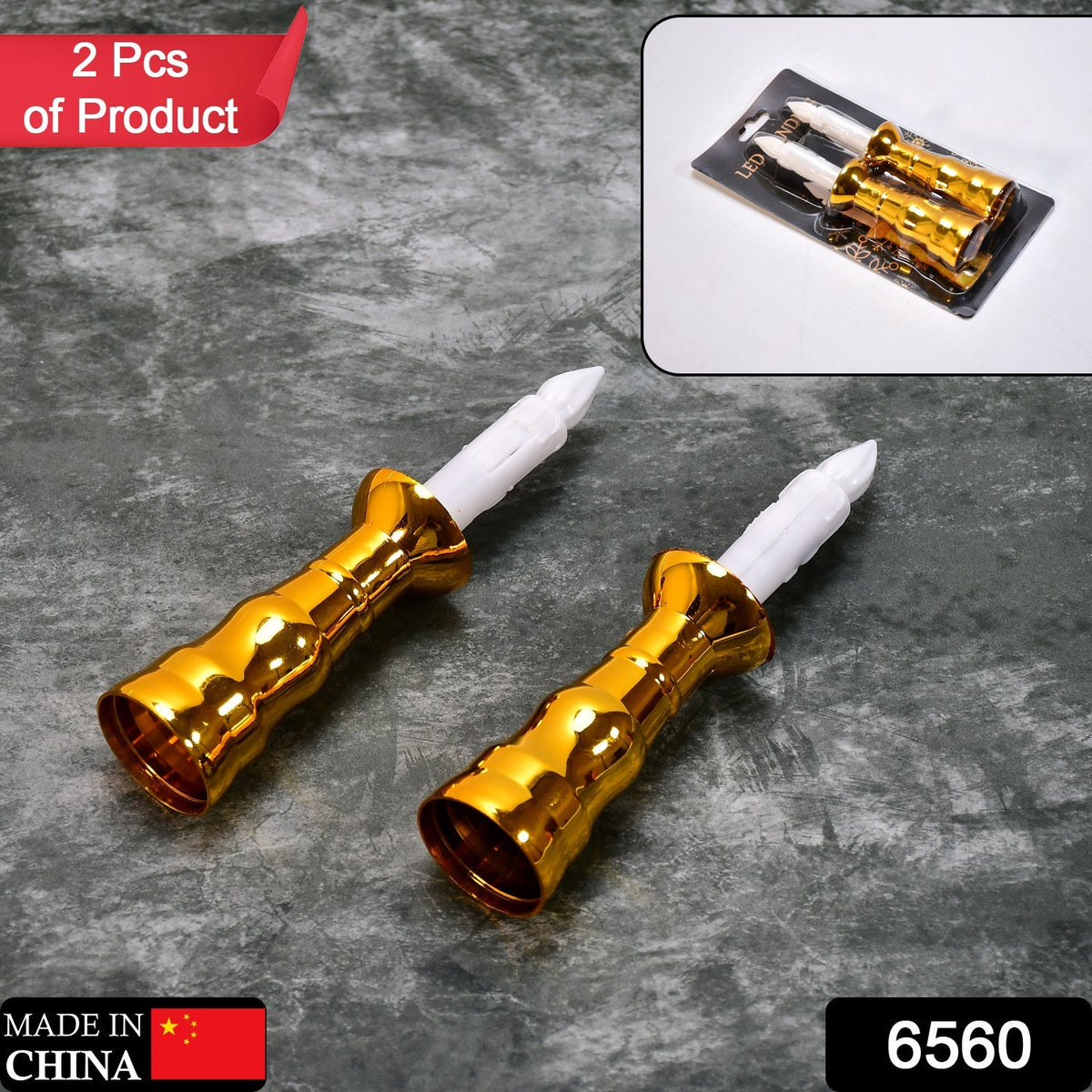 Two gold-based LED candles are displayed on a gray surface, with a packaged set in the top right.