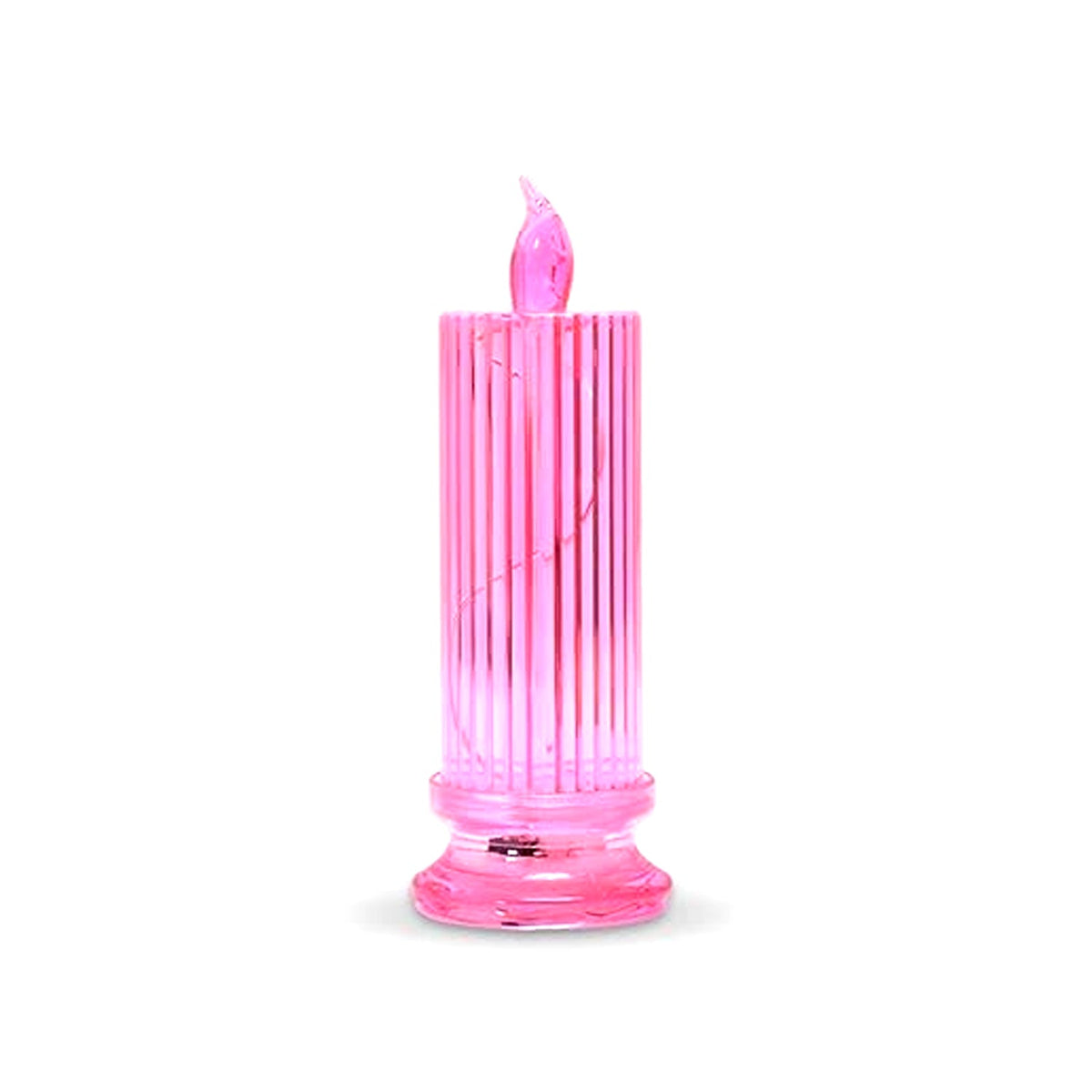 A single pink LED crystal candle with a ribbed texture and a clear base, on a white background.