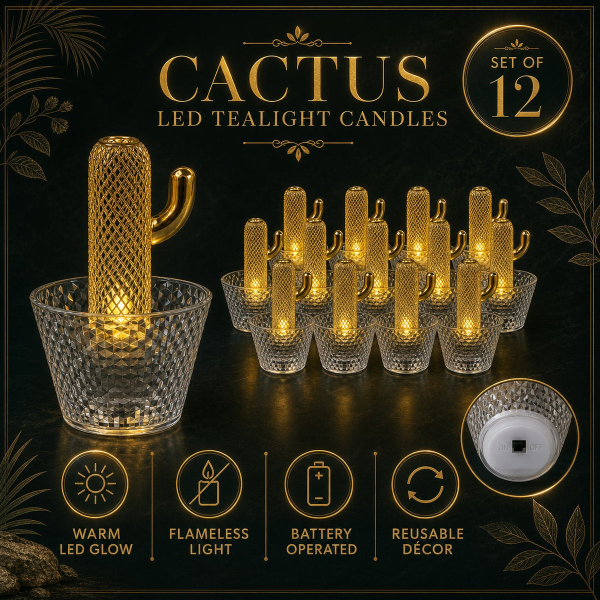 A large gold cactus LED tealight with a clear base is shown alongside a set of twelve, with feature icons below.