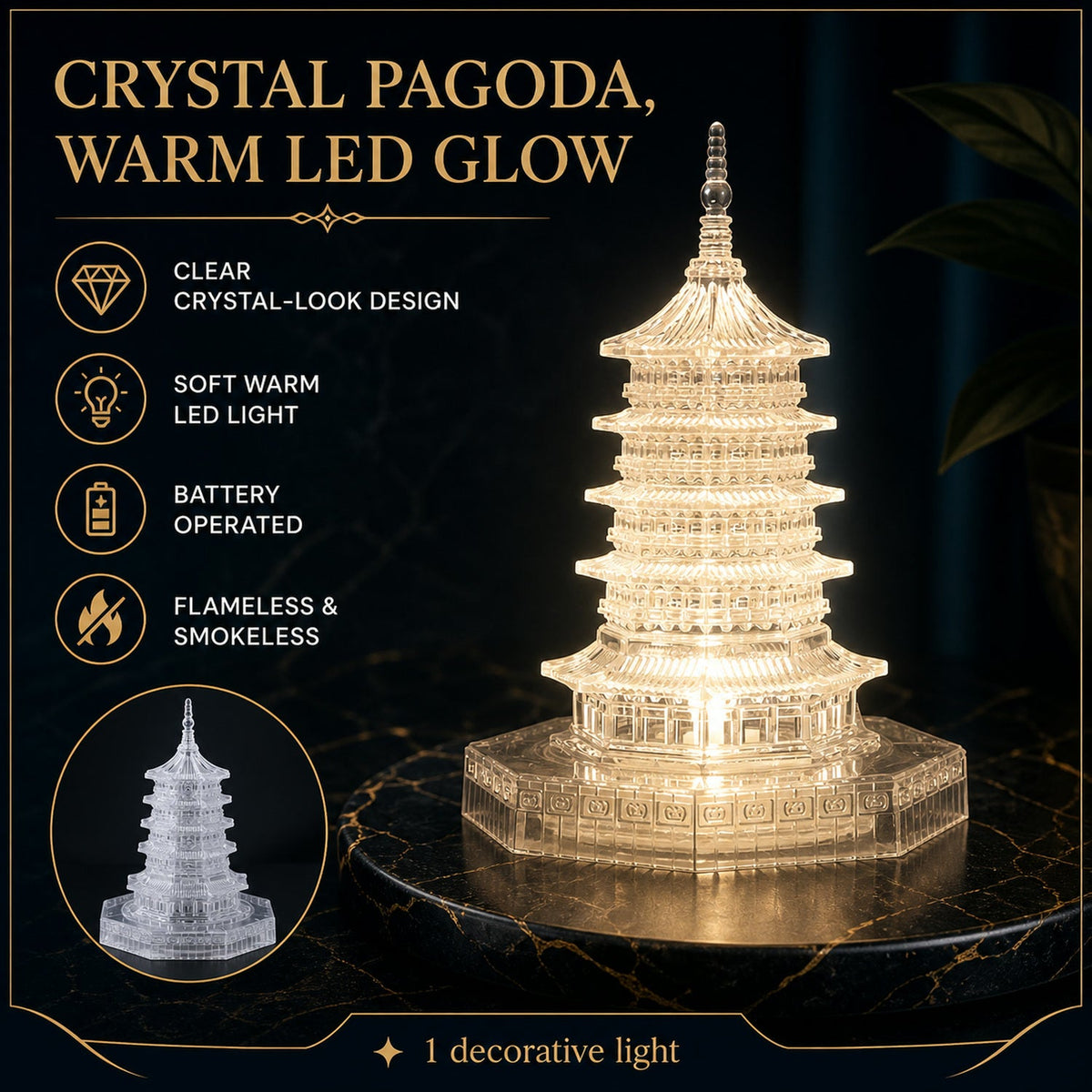 An illuminated LED crystal pagoda light on a dark marble surface with text describing its features and a small inset image.