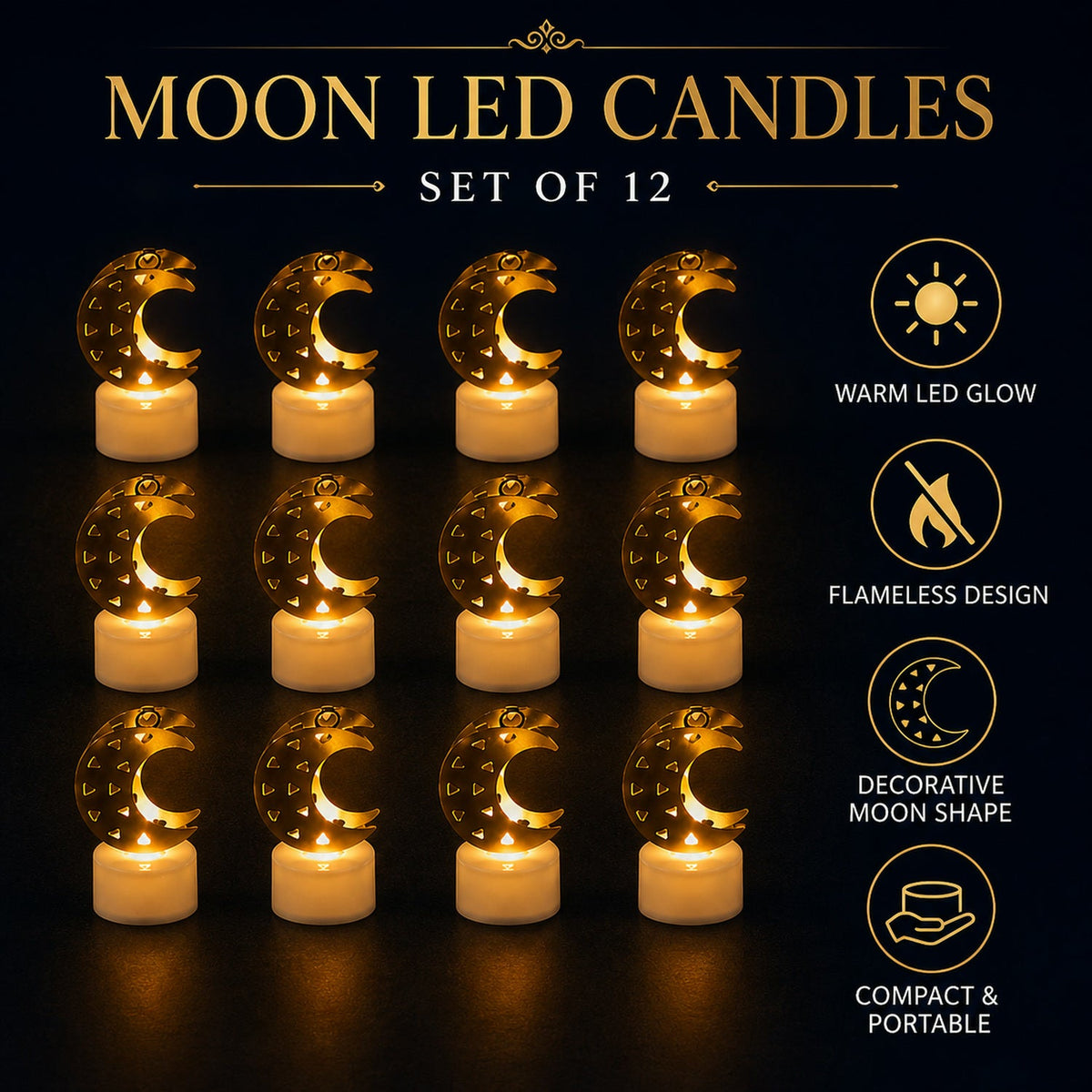 Grid of twelve crescent moon shaped flameless LED candles with gold tops and white bases, with feature icons on the right.