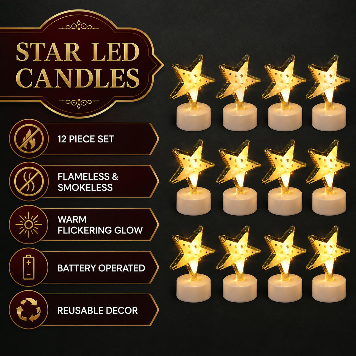 Graphic with twelve glowing star LED candles and text highlighting features like 'Flameless & Smokeless' and 'Battery