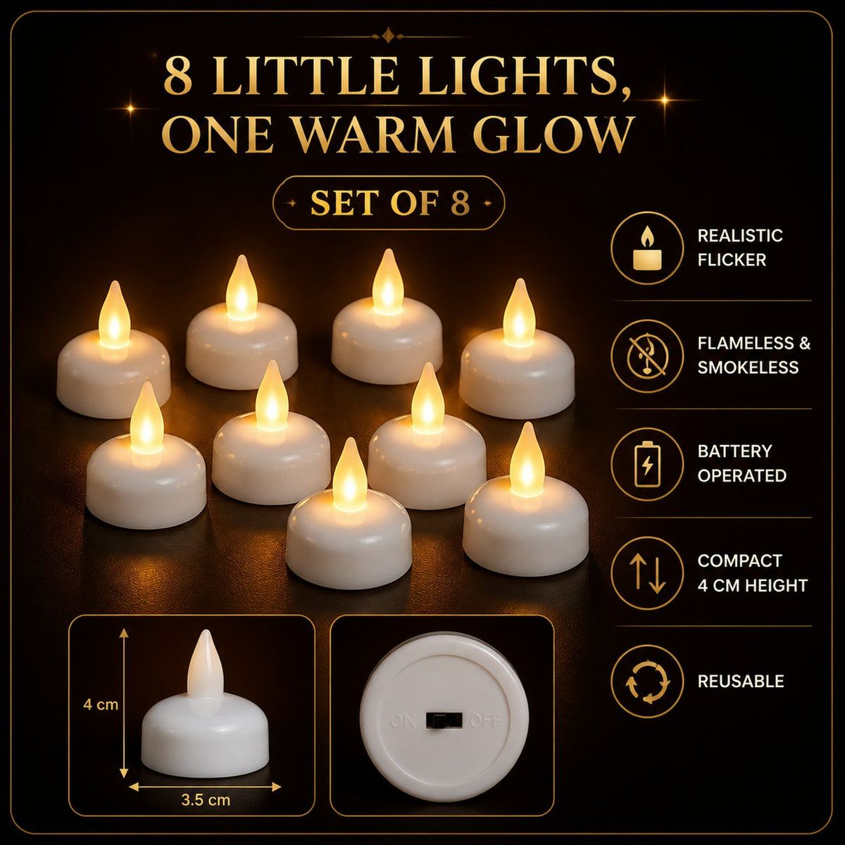 A graphic displaying eight lit LED tealight candles, with features like realistic flicker, flameless, and compact size.