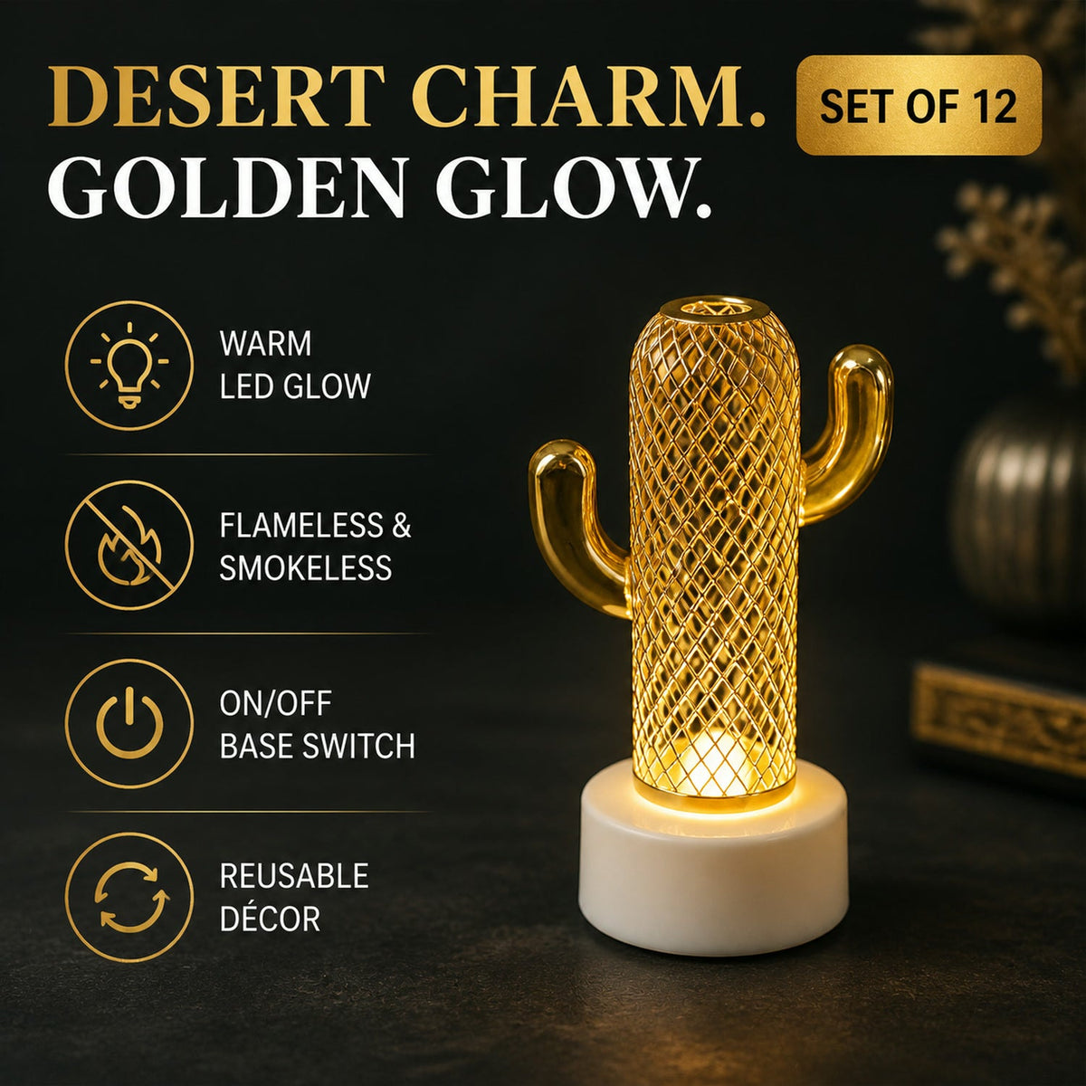 Key features of Cactus Shaped Flameless LED Candles highlighted