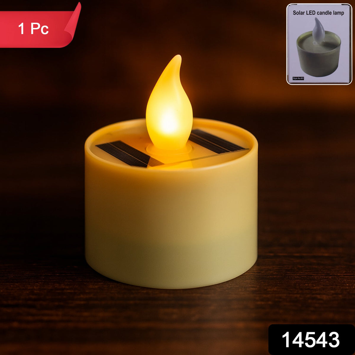 A solar-powered LED candle lamp with a warm yellow glow and solar panels on top, on a dark wooden surface.