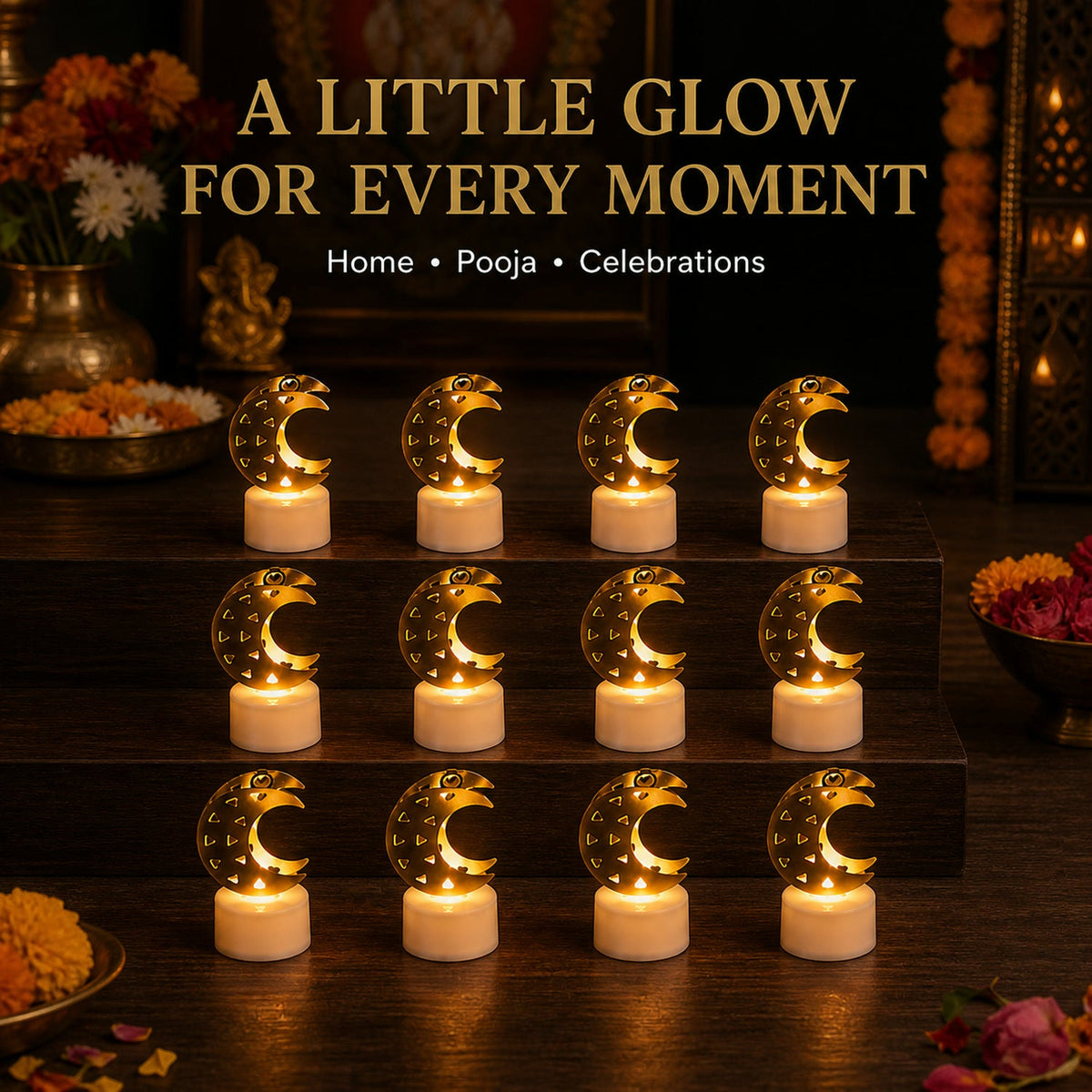 Twelve crescent moon shaped flameless LED candles with gold tops and white bases arranged on a dark wooden shelf.