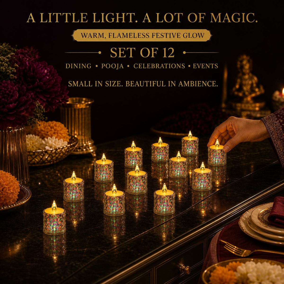 LED Tealight Candles 12 Pack – Flameless Diwali Decor