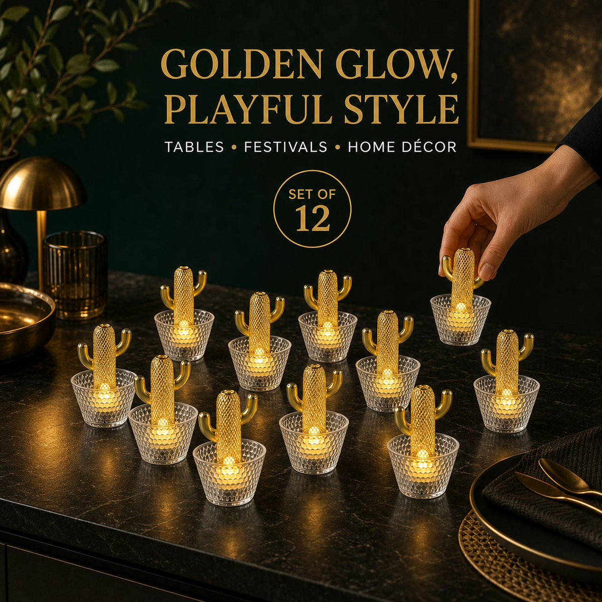 A hand places a gold cactus LED tealight among eleven others on a dark textured table in a stylish room.