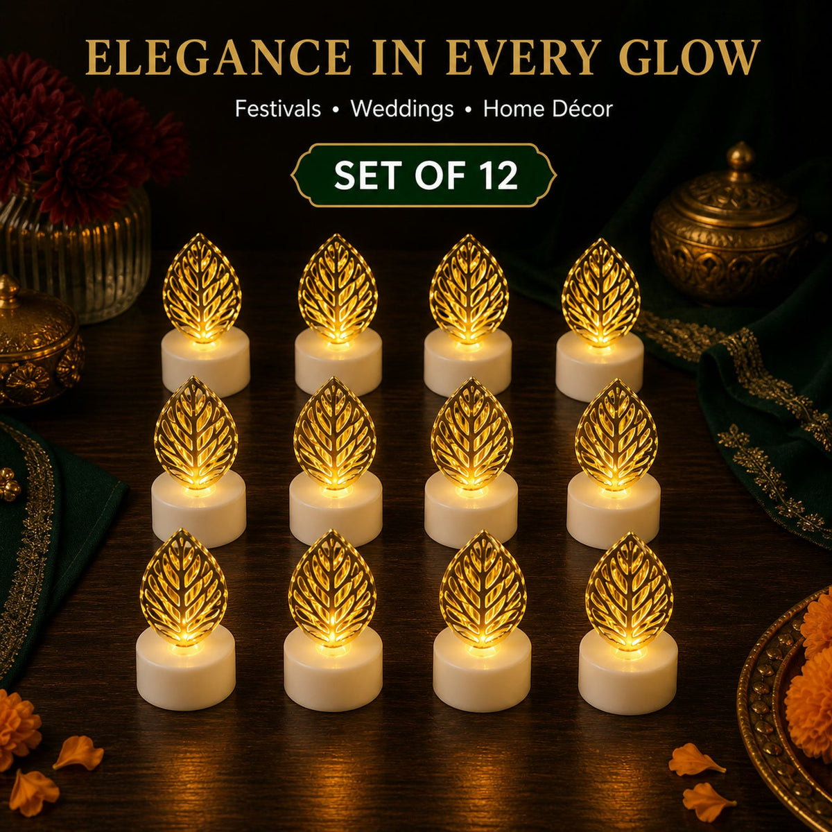 Twelve golden leaf LED candles glowing on a dark wooden surface, with text overlay 'Elegance in Every Glow'.