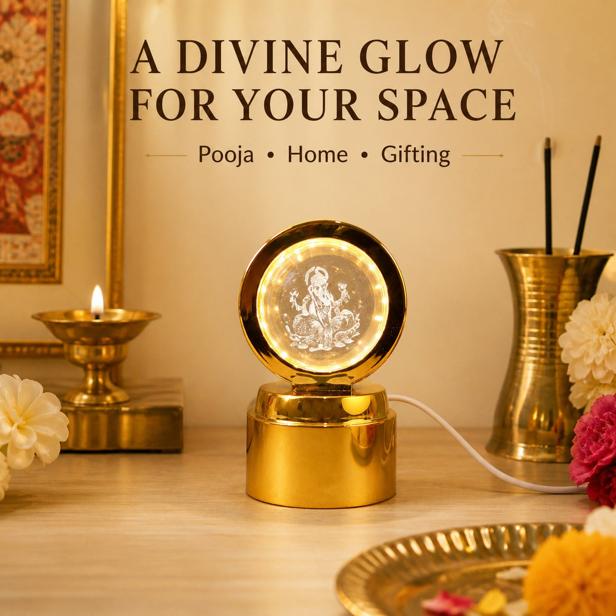 A golden Ganpati 3D crystal light glowing on a table with a brass diya, vase, and puja thali, against a dark background.