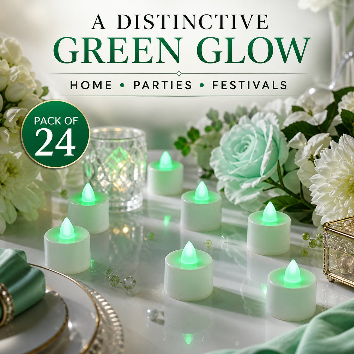 Green flameless LED tealights are elegantly displayed on a table with white flowers, a decorative glass, and a gold box.