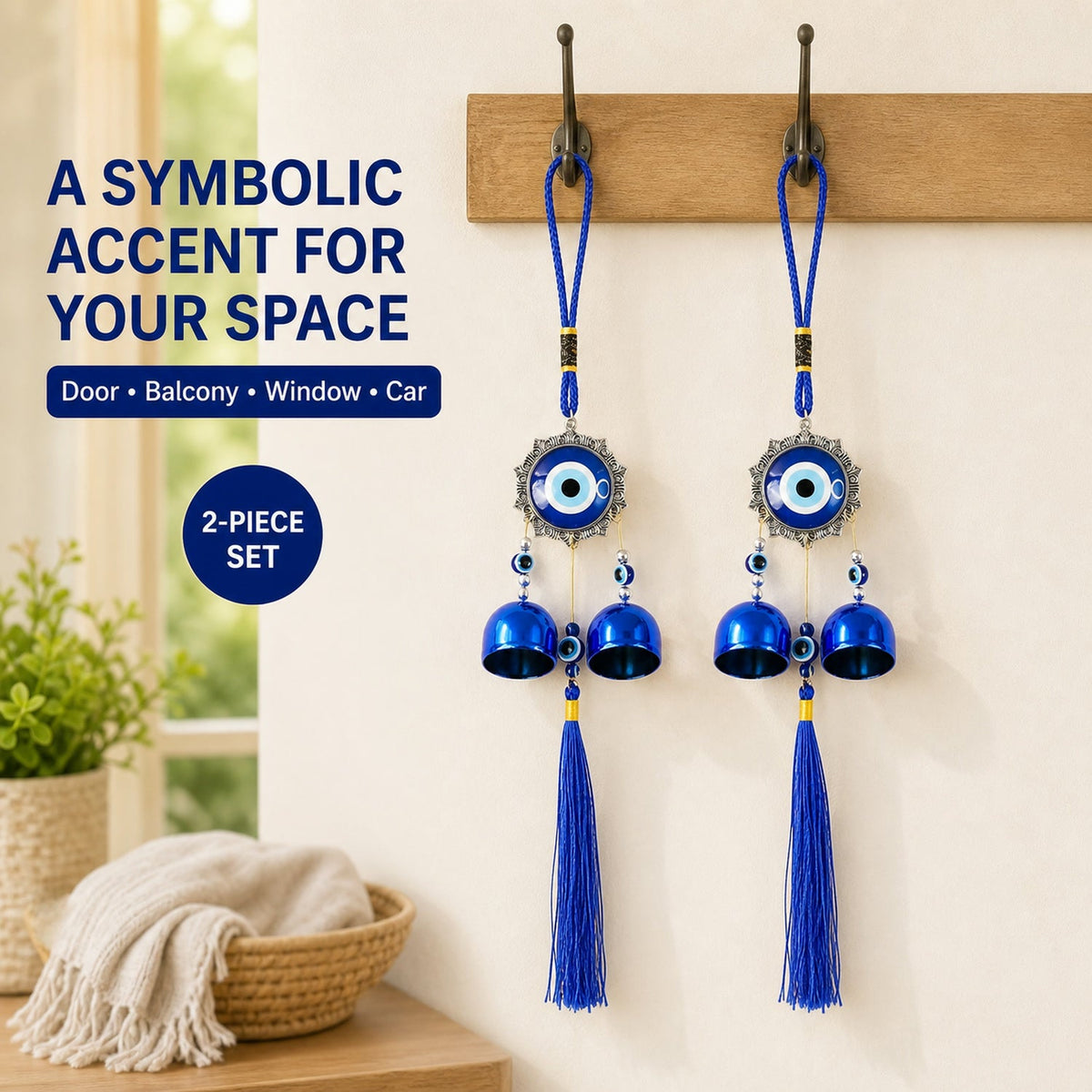 Evil Eye Wind Chime with Bells and Tassels for Home Decor (2 Pc Set)