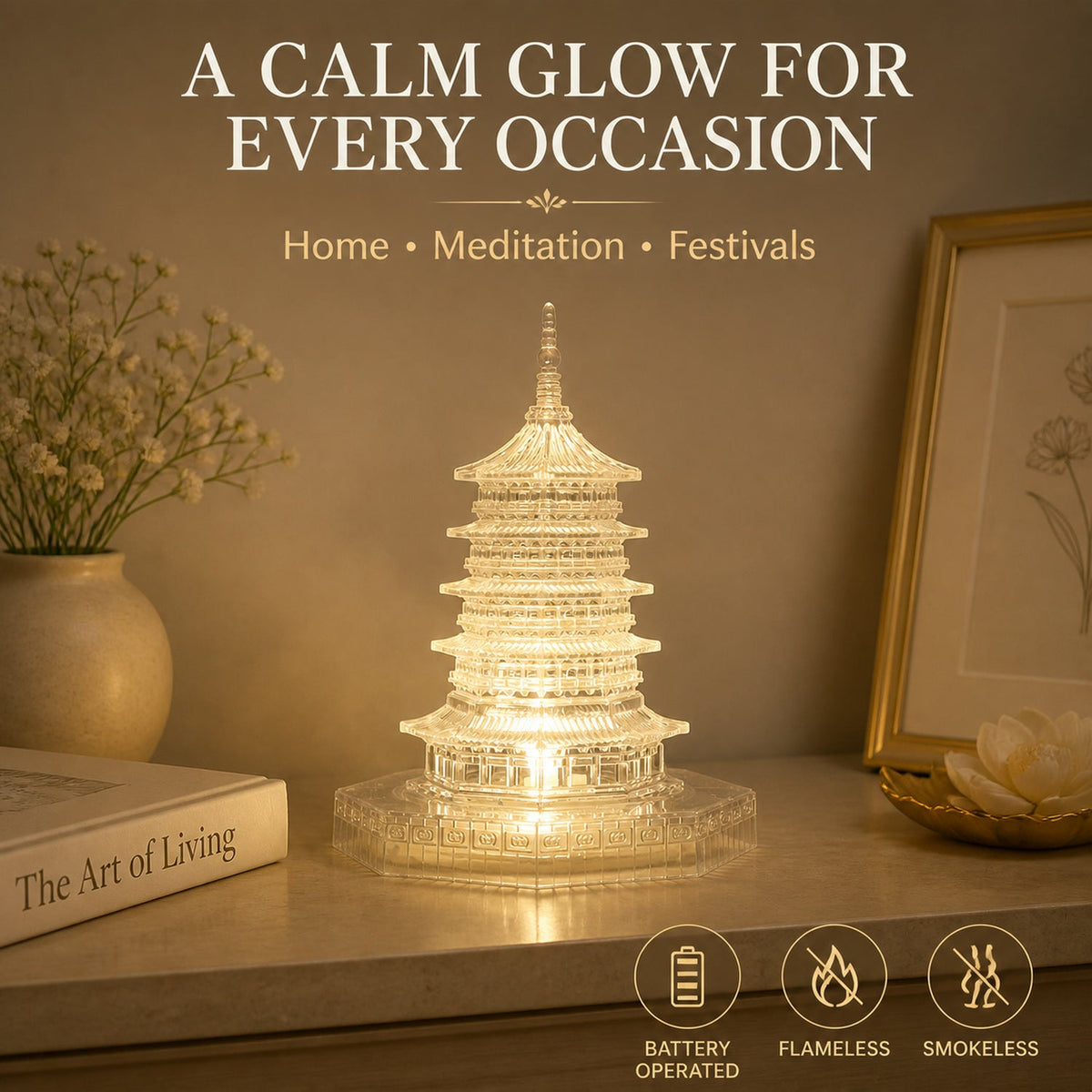 An illuminated LED crystal pagoda light on a light-colored surface with a vase, book, and framed art, with text overlay.