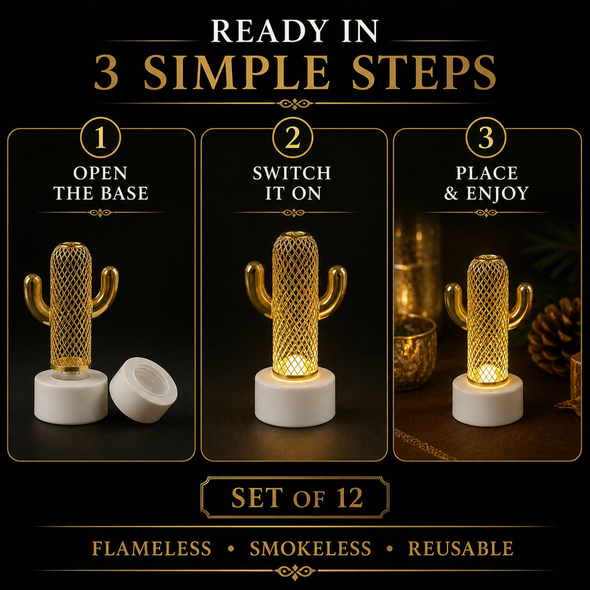 A three-panel graphic demonstrating how to open the base, switch on, and place the cactus LED light for use.
