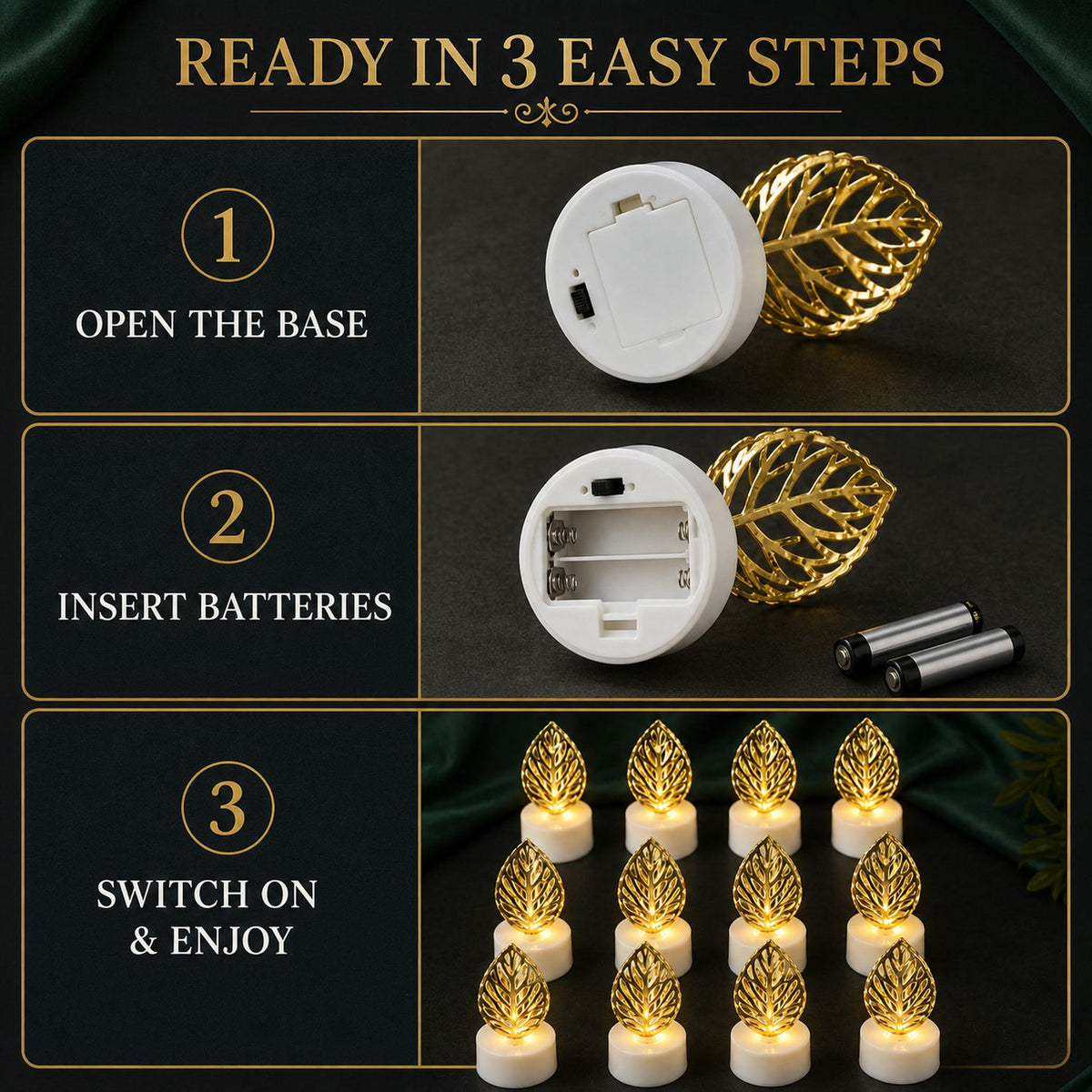 Three-step instruction guide showing how to open the base, insert batteries, and switch on the leaf LED candles.