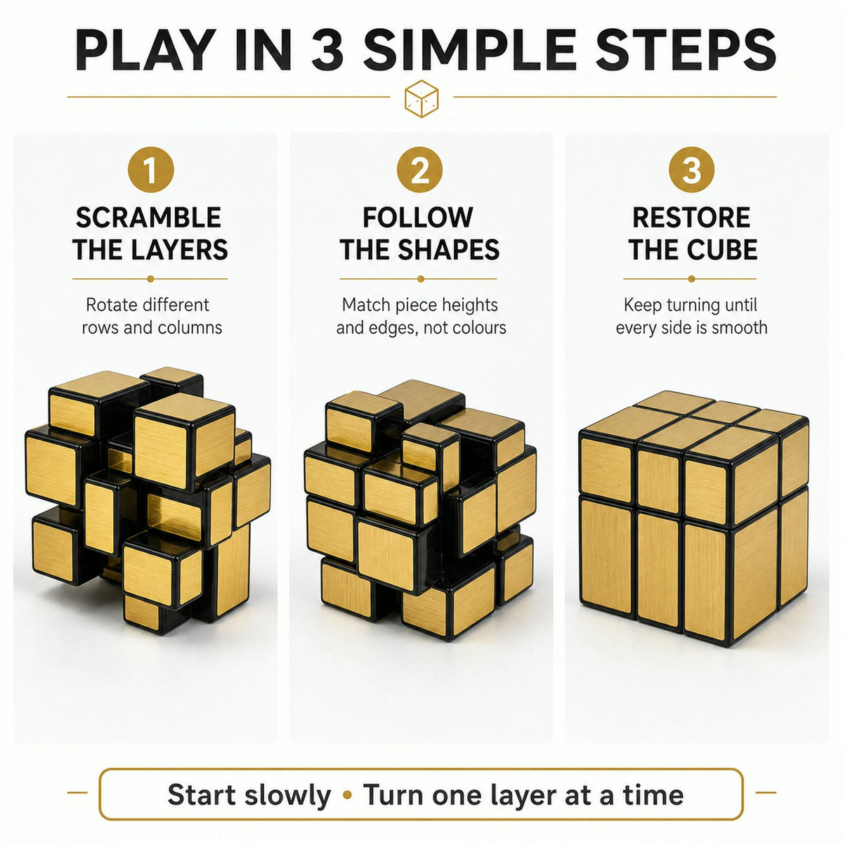 Usage guide for the gold mirror cube puzzle.