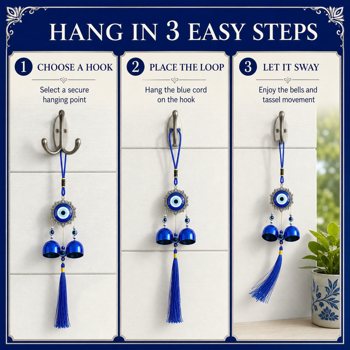 Evil Eye Wind Chime with Bells and Tassels for Home Decor (2 Pc Set)