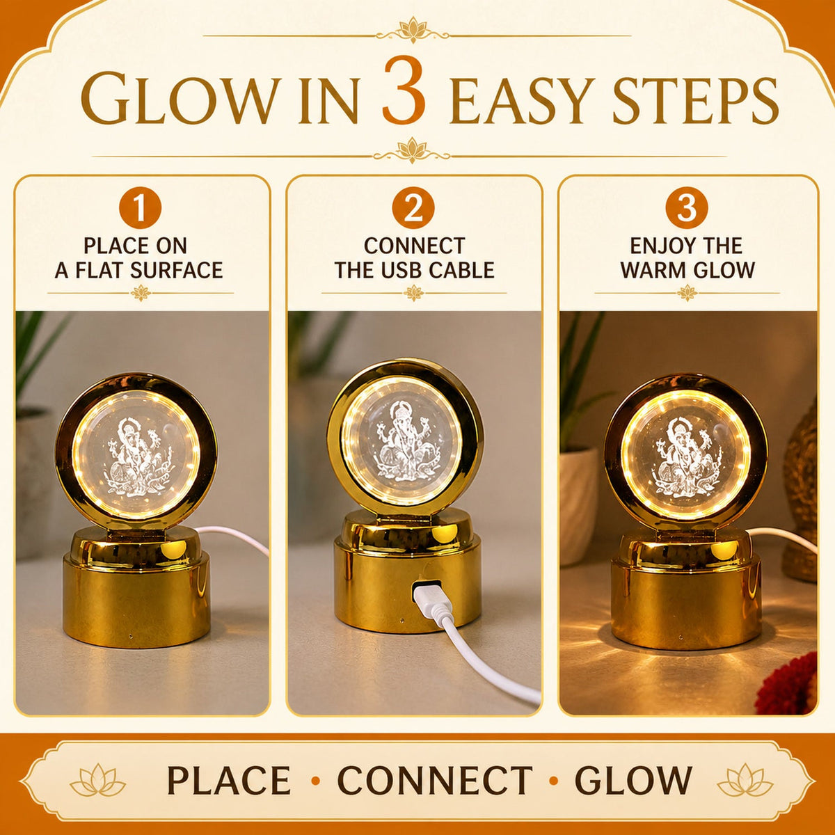 A three-step graphic showing how to use the Ganpati 3D crystal light: place, connect USB, and enjoy the glow.