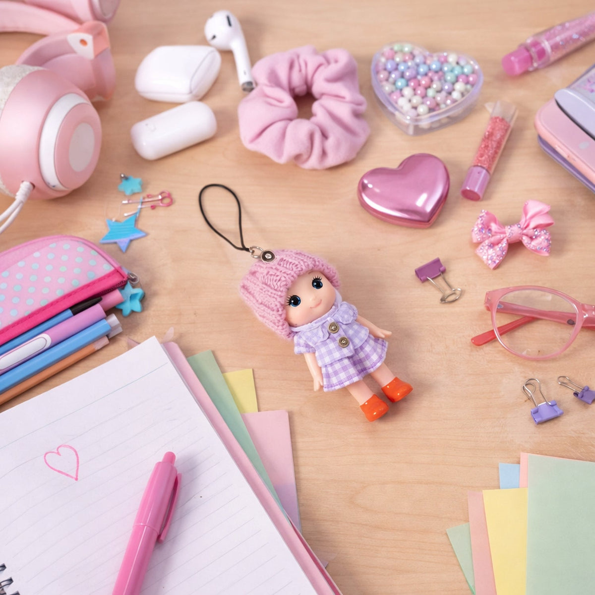 A pink doll keychain lies on a wooden desk surrounded by various pink school supplies and accessories.