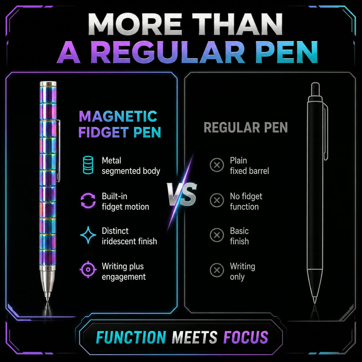 A graphic comparing a magnetic fidget pen to a regular pen, highlighting features like segmented body and fidget motion.