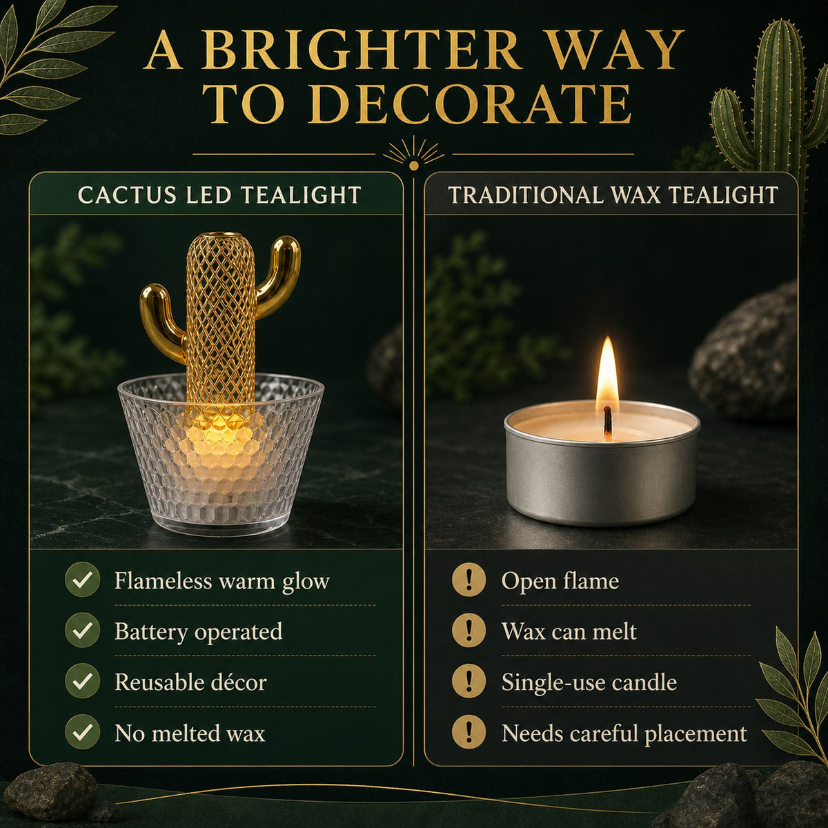 A comparison chart highlights the benefits of a cactus LED tealight versus a traditional wax tealight.