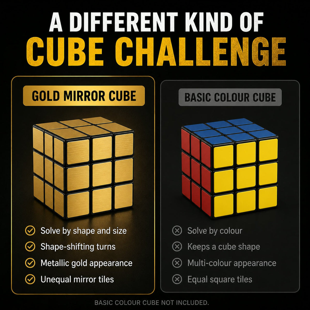 A comparison graphic showing a gold mirror cube and a basic color cube, detailing their differences in challenge and