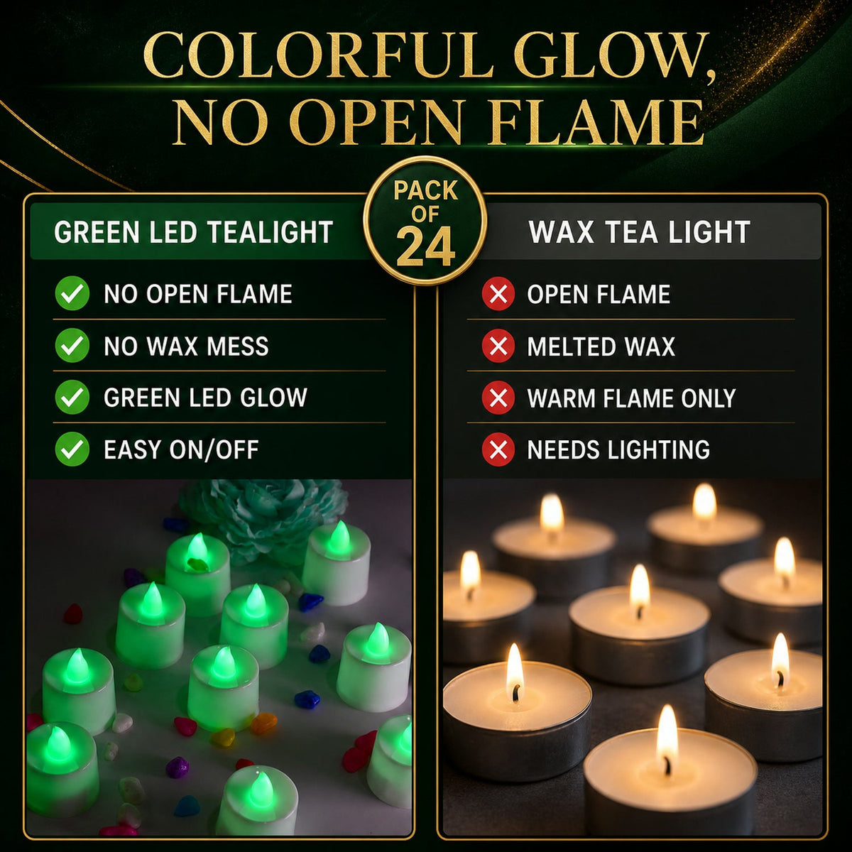 A comparison graphic shows green LED tealights on the left and traditional wax tea lights on the right, highlighting