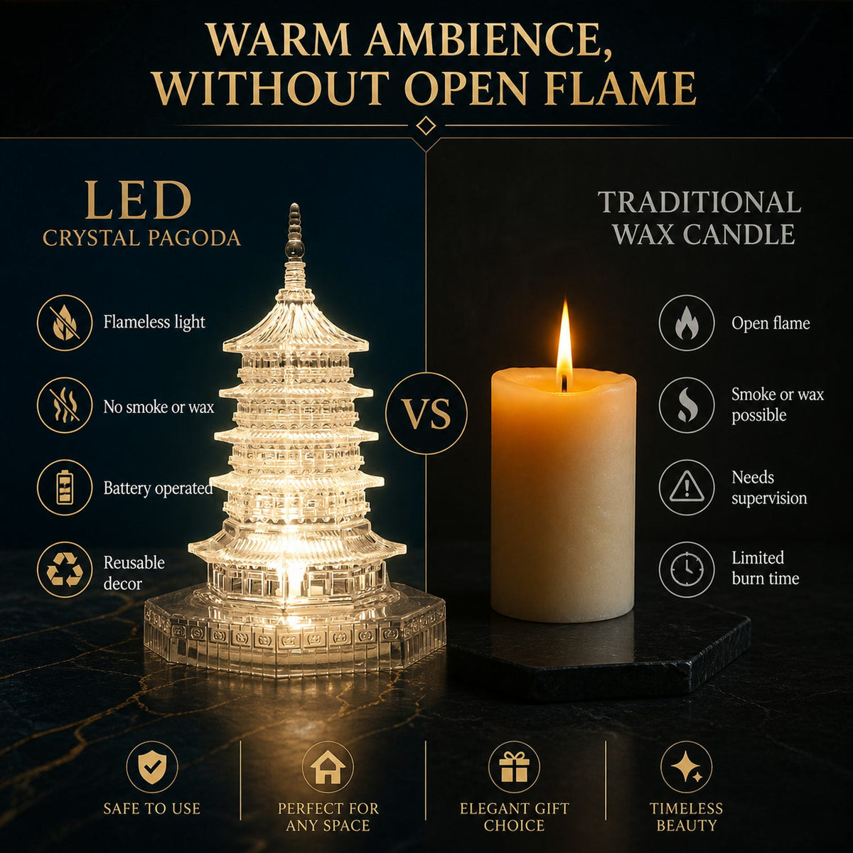 A comparison of an illuminated LED crystal pagoda light and a traditional wax candle, highlighting features of each.