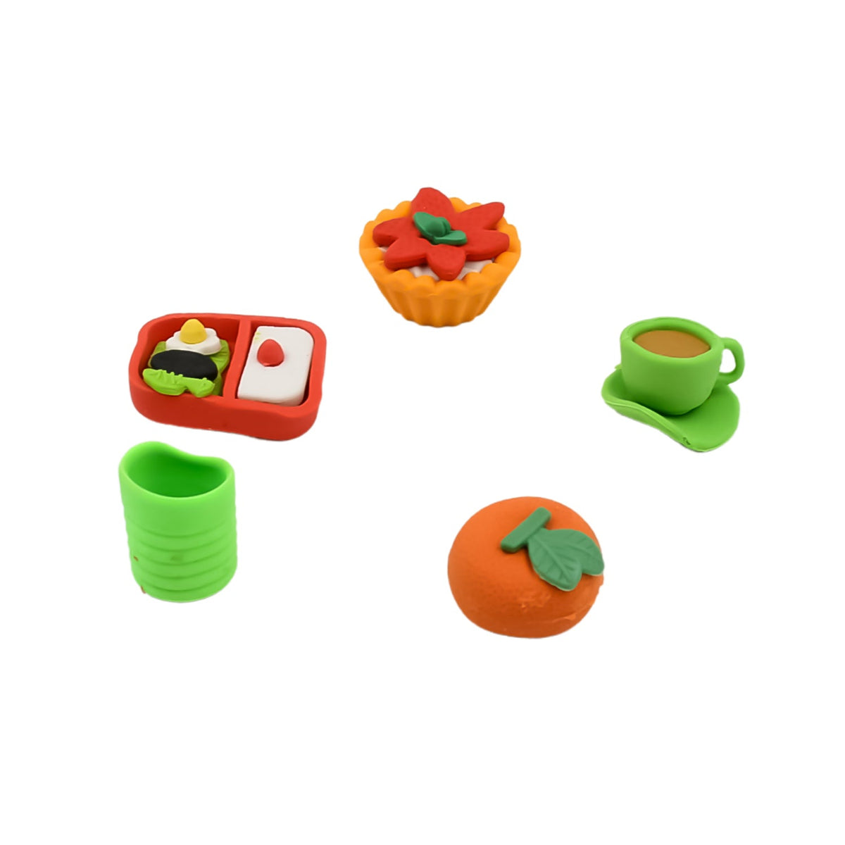 Overhead shot of the full collection of 3D erasers, emphasizing the variety of designs in the set.