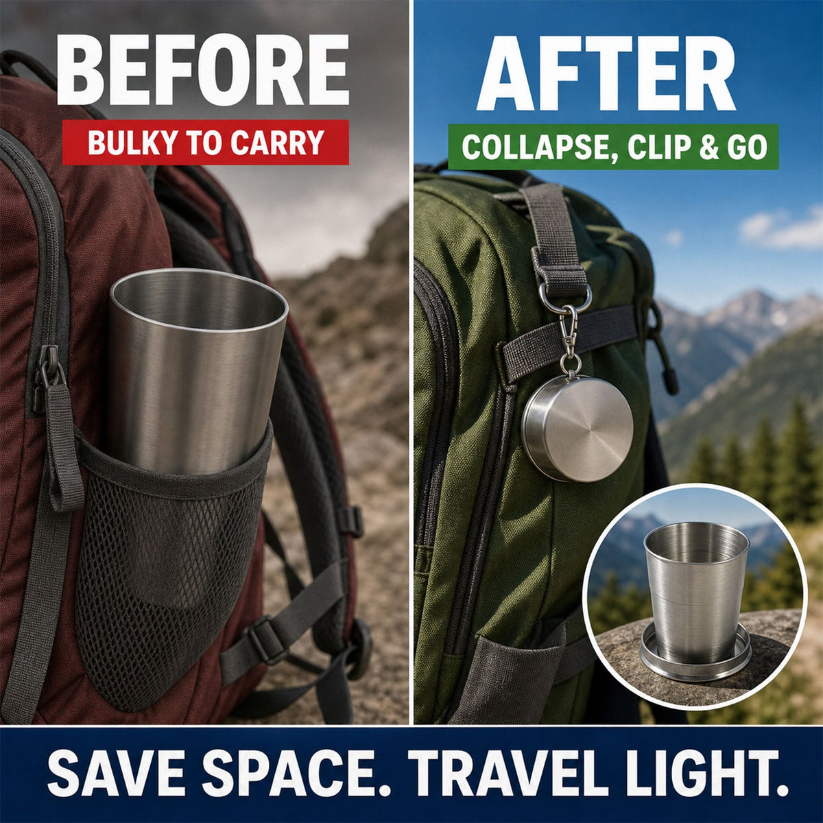A split image showing a regular cup in a backpack pocket versus a collapsed cup clipped to a backpack, promoting
