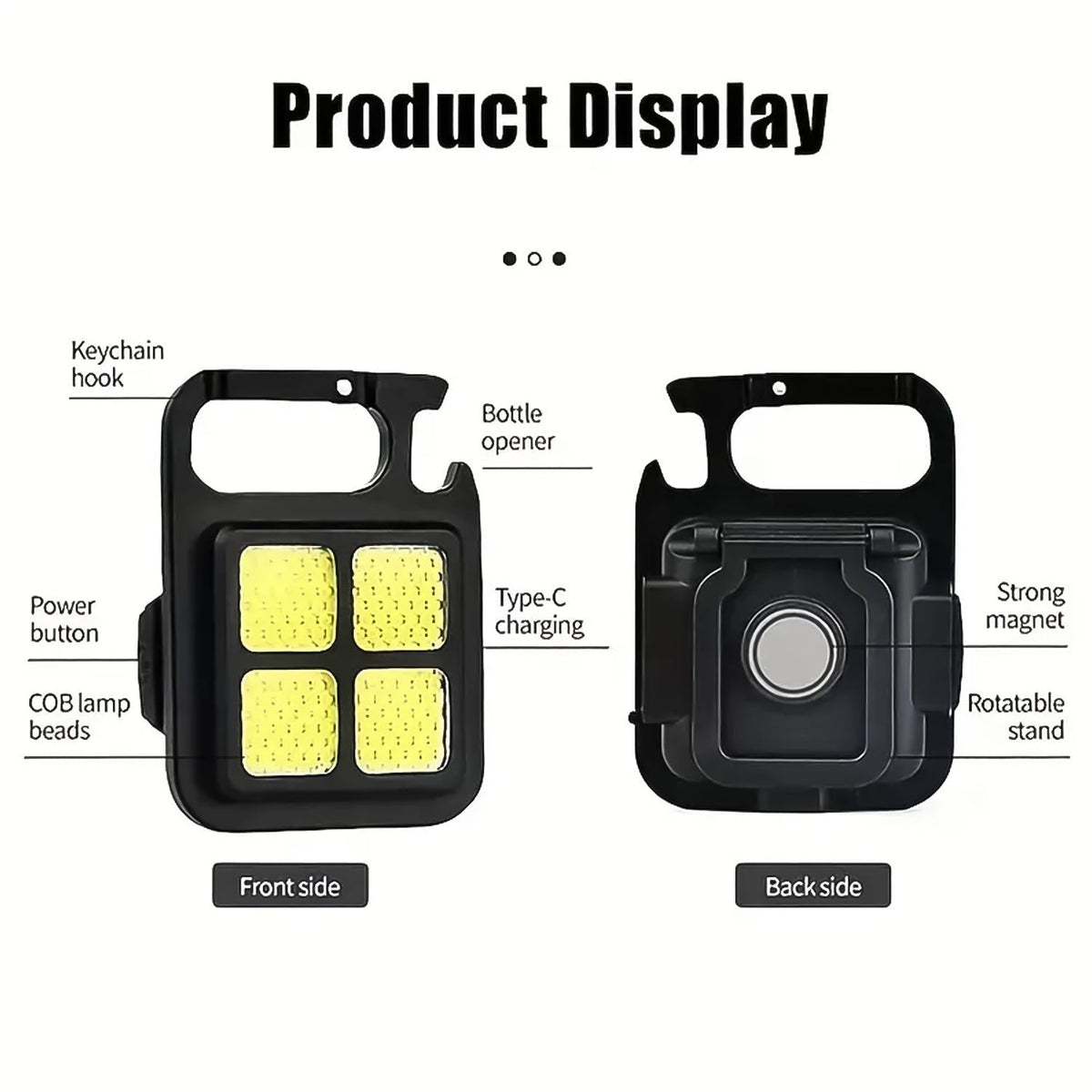 A diagram showing the front and back of the black LED keychain light, labeling its features like the power button, bottle