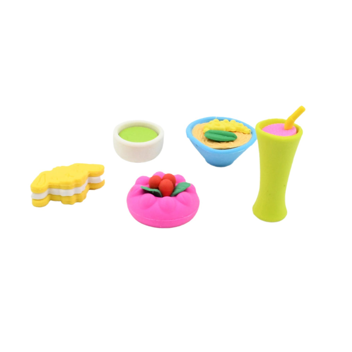 Five food-shaped erasers, including a green drink, a bowl of ramen, a pink cake, and a yellow sandwich, are arranged on a