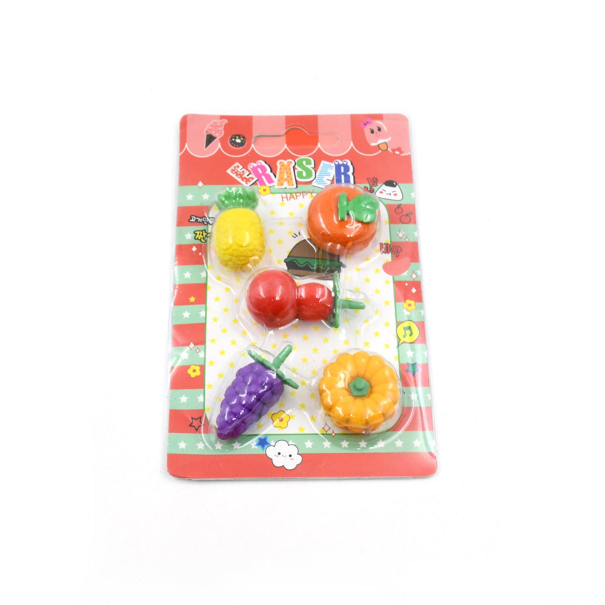 A blister pack containing five fruit-shaped erasers, including pineapple, orange, grapes, cherry, and pumpkin, is shown.