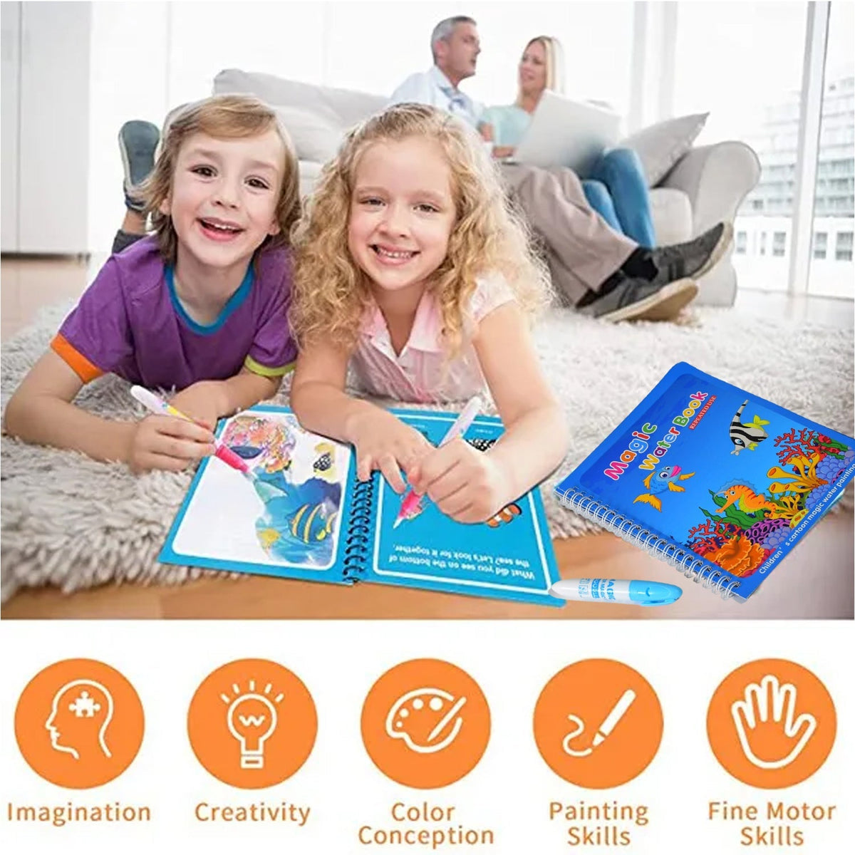 Two smiling children lie on a rug, coloring in water books with pens, while adults sit on a sofa in the background.
