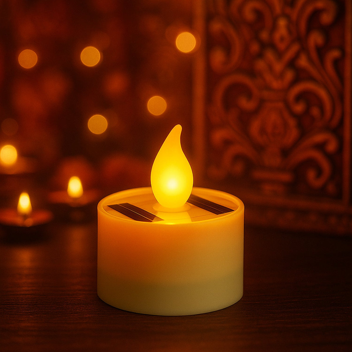 A solar LED candle lamp with a warm glow on a wooden surface, with blurred decorative elements in the background.