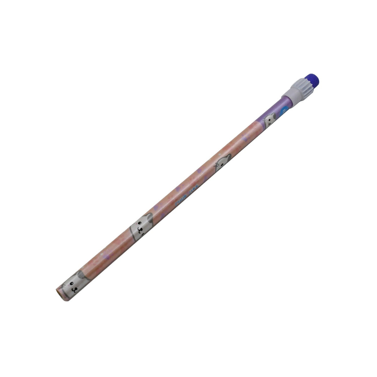 A single pastel pink pencil with bunny patterns and a blue eraser tip is shown on a plain white background.