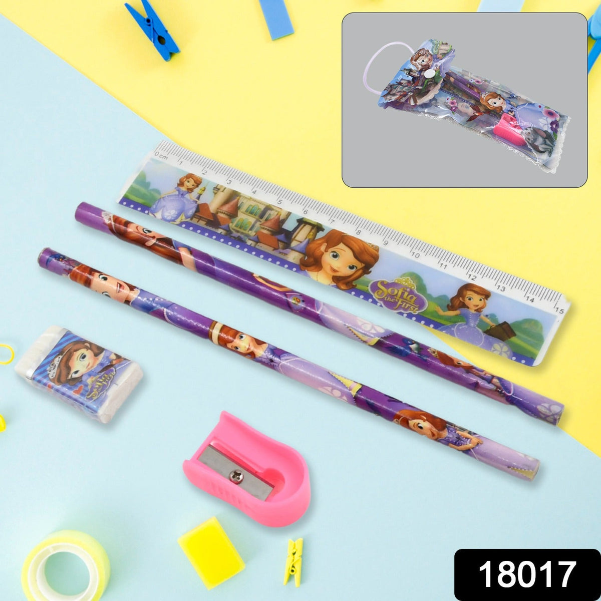 Sofia the First themed stationery set including two pencils, a ruler, an eraser, and a pink sharpener on a blue and yellow