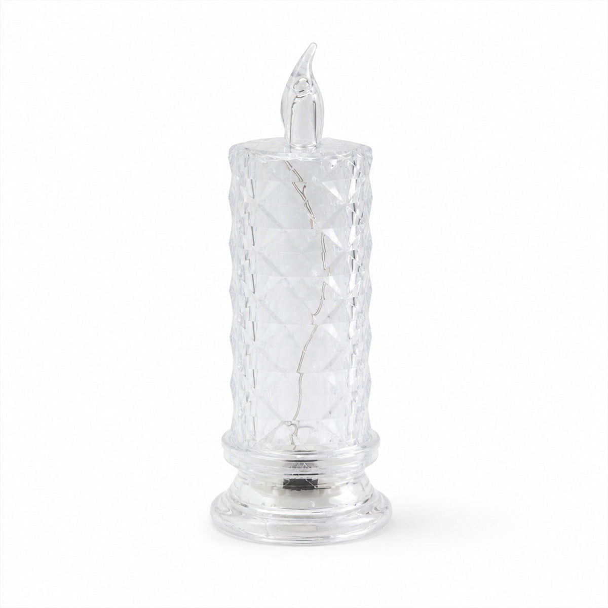 A clear faceted crystal LED candle light, unlit, on a plain white background.