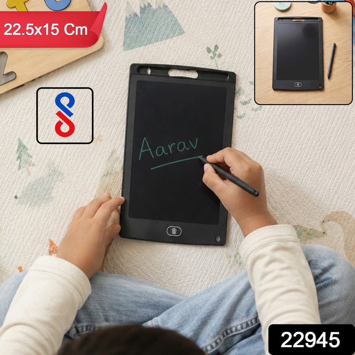 A child sits cross-legged on a patterned mat, writing "Aarav" in green on a black LCD tablet with a stylus